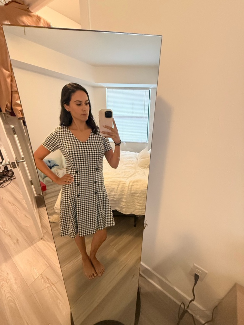 DKNY Classic V-Neck Button Detail Dress - Black & White